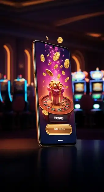 Interface mobile affichant le bonus de bienvenue et la roue des bonus sur Play Regal Casino, avec des éléments de jeux de machines à sous en arrière-plan